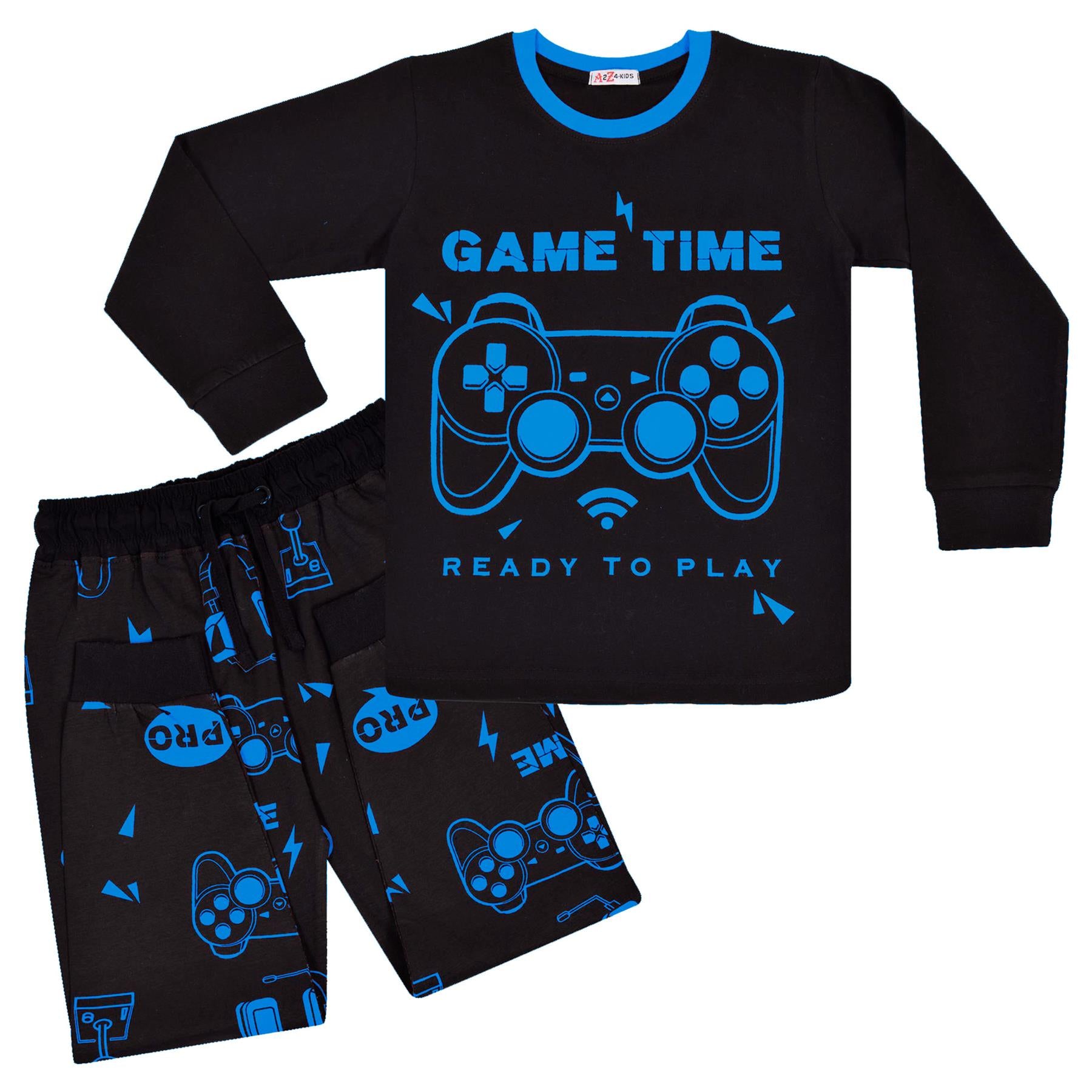 Kids Girls Boys Pyjamas Game Time Contrast Top Bottom 2 Piece PJS Sleepwear Set