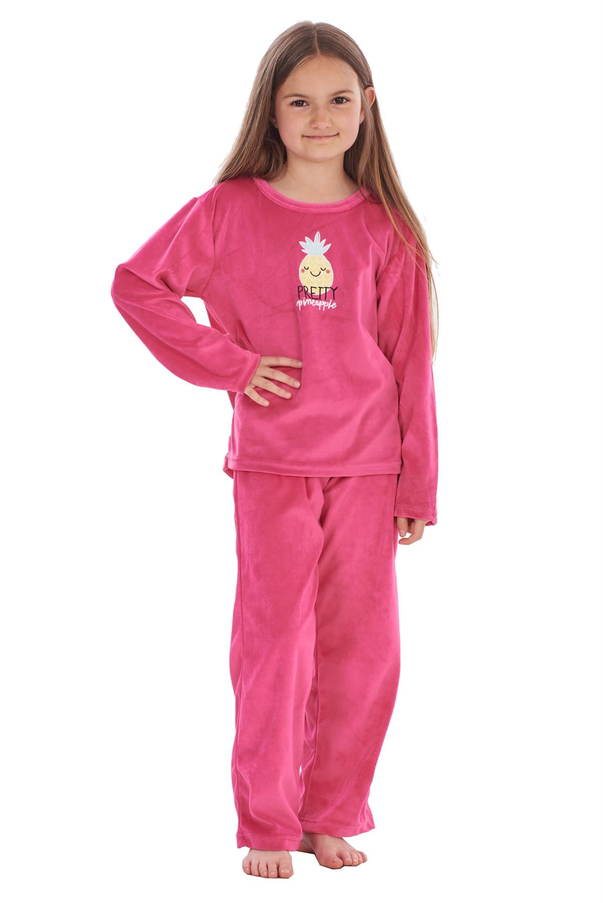 Girls Winter Pyjama Set Velvet Pineapple Motif Long Sleeve Warm Cosy PJ's