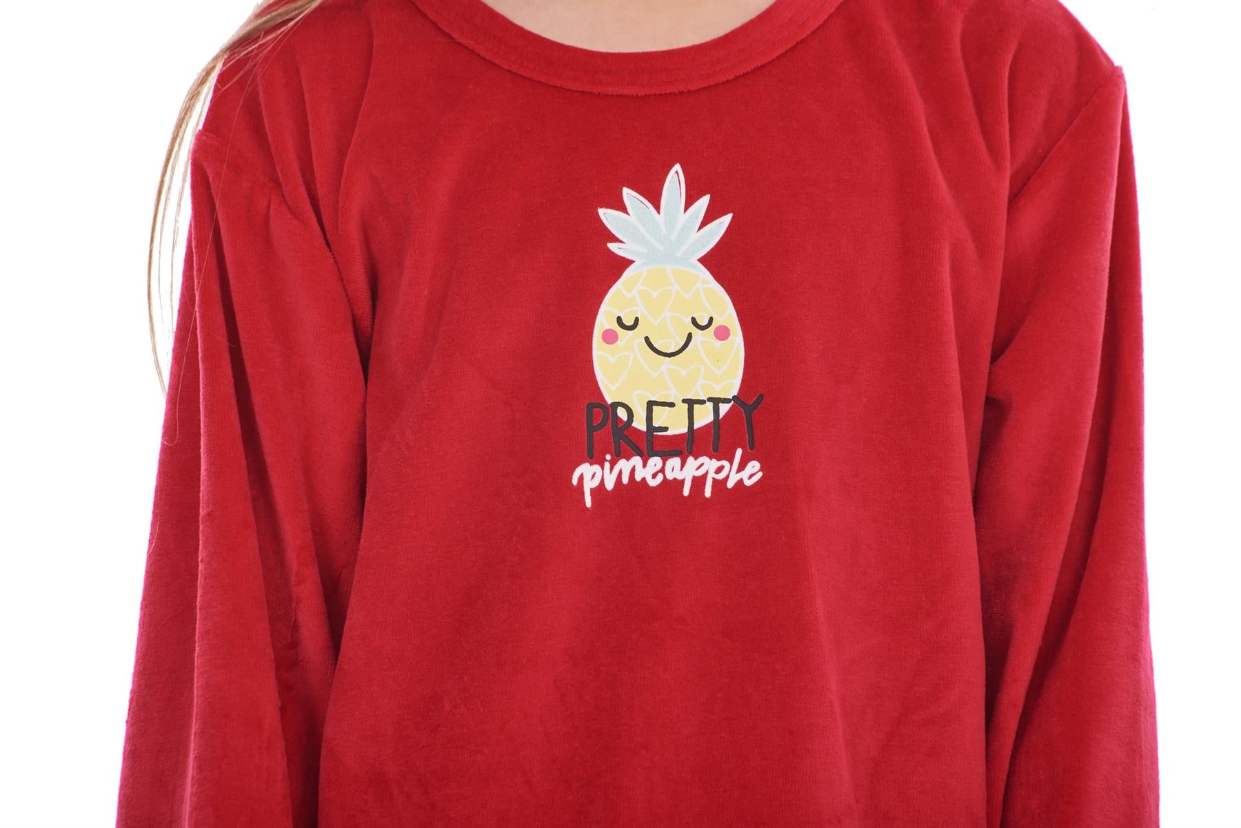 Girls Winter Pyjama Set Velvet Pineapple Motif Long Sleeve Warm Cosy PJ's