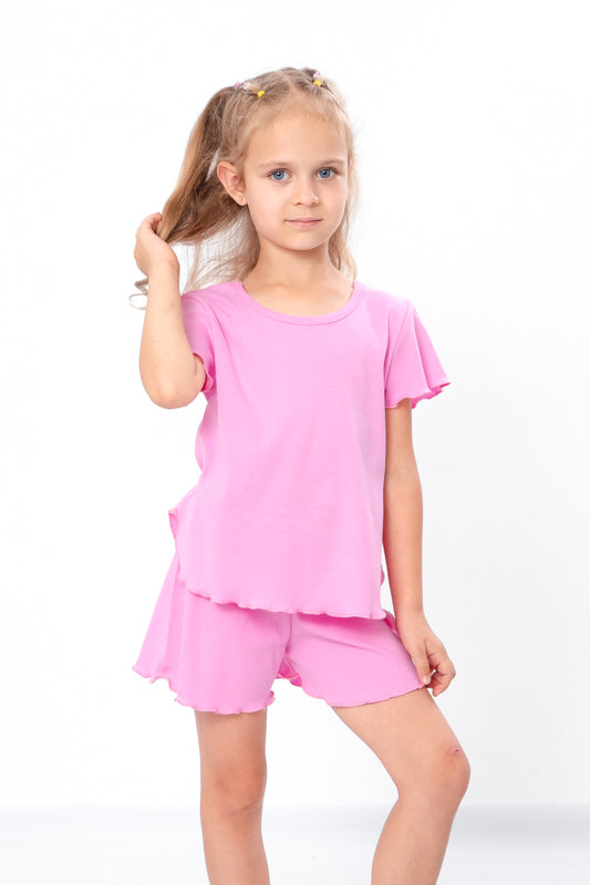 Girls’ Pajama Set – Soft Ribbed Cotton & Classic Tee with Shorts, Summer,  No...