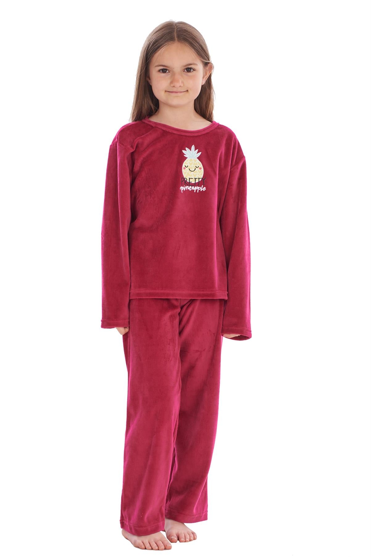 Girls Winter Pyjama Set Velvet Pineapple Motif Long Sleeve Warm Cosy PJ's