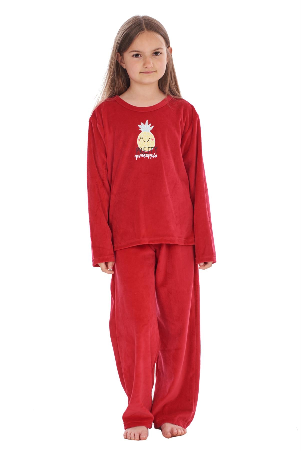 Girls Winter Pyjama Set Velvet Pineapple Motif Long Sleeve Warm Cosy PJ's
