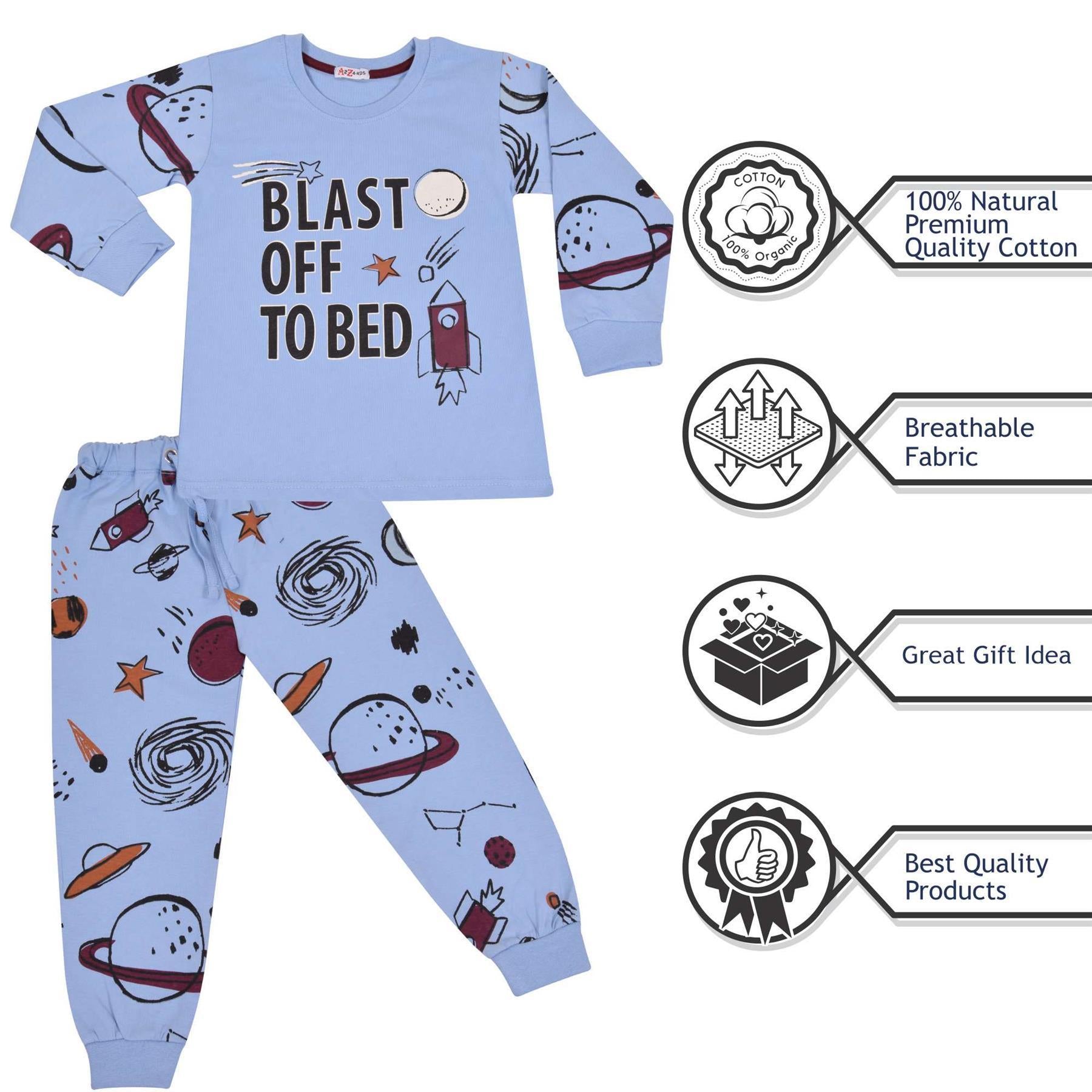 Kids Boys Rocket Spaceship Blast Off Pyjamas Children PJs 2 Piece Sleepwear Set