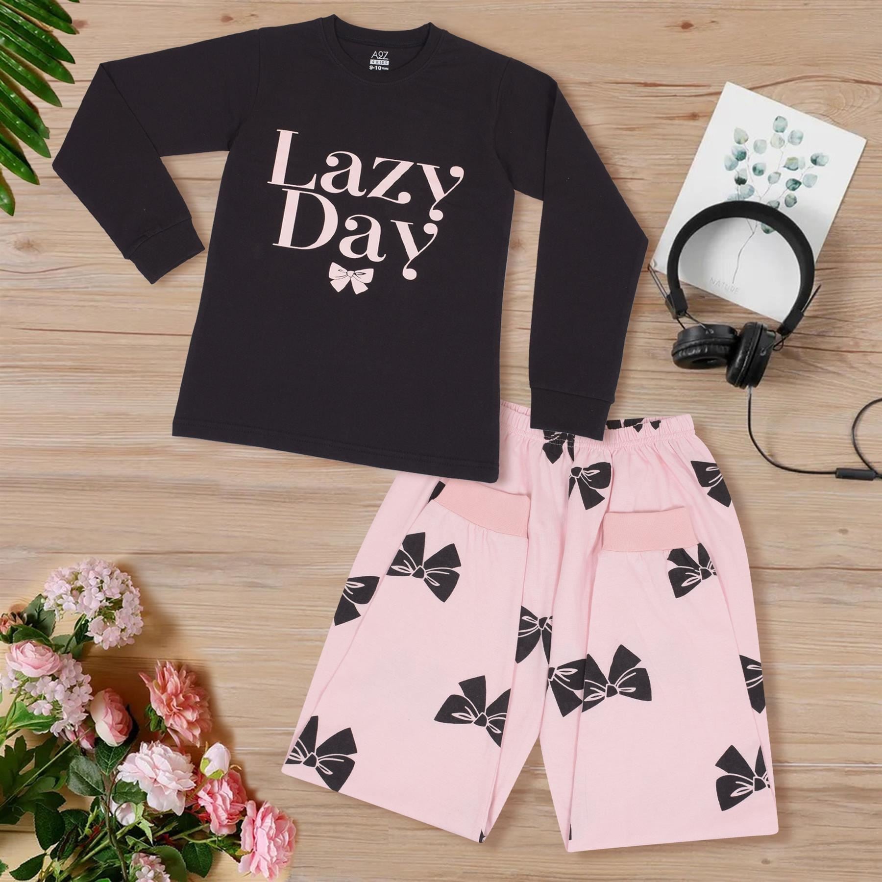 A2Z 4 Kids Girls Pyjamas Lazy Day Black 2 Piece Top Bottom Pyjamas Set Age 2-13