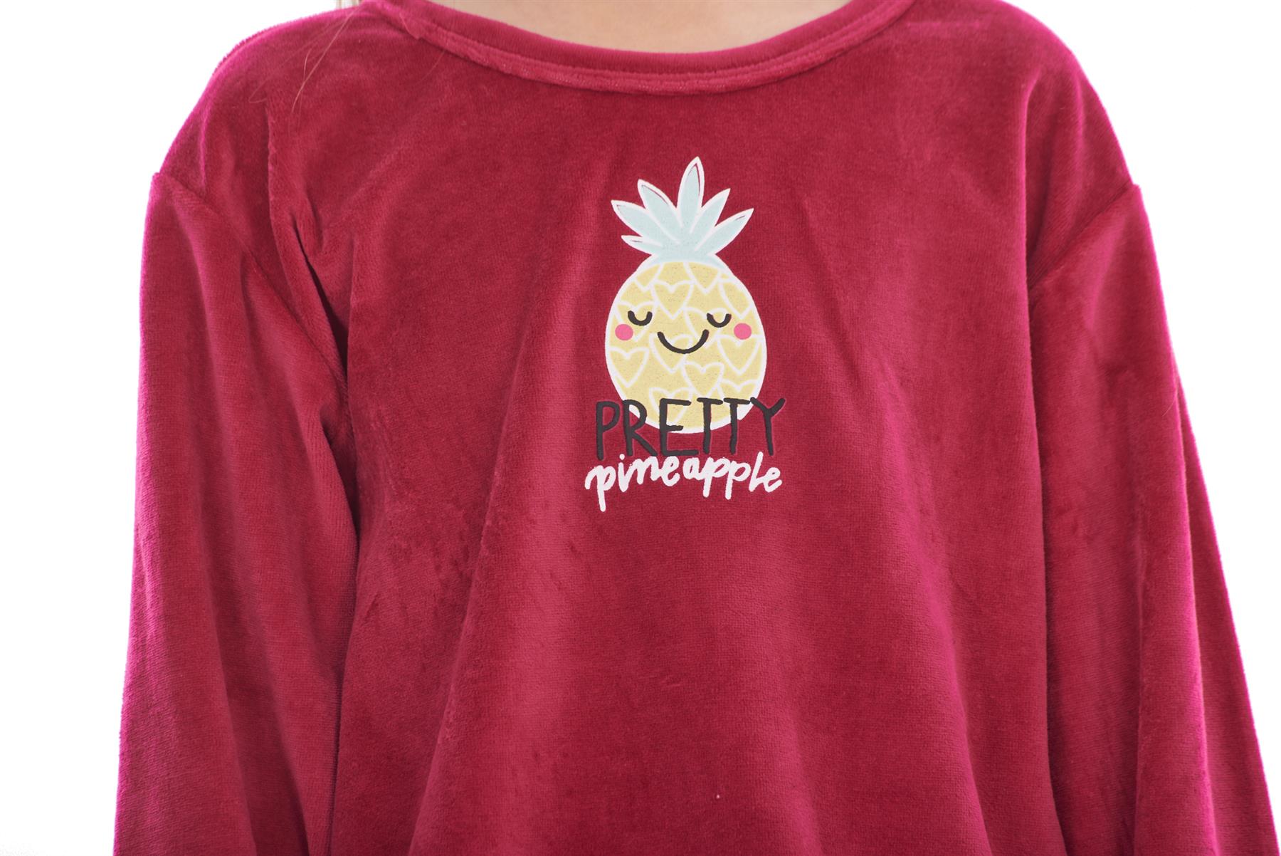 Girls Winter Pyjama Set Velvet Pineapple Motif Long Sleeve Warm Cosy PJ's