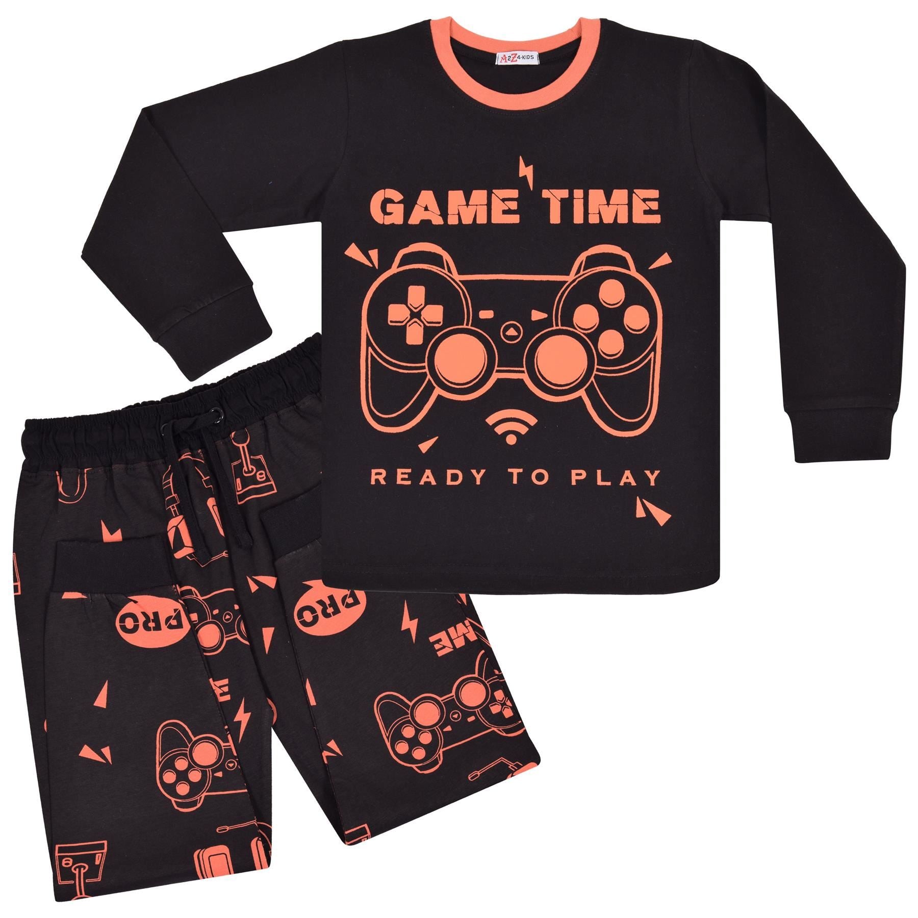 Kids Girls Boys Pyjamas Game Time Contrast Top Bottom 2 Piece PJS Sleepwear Set