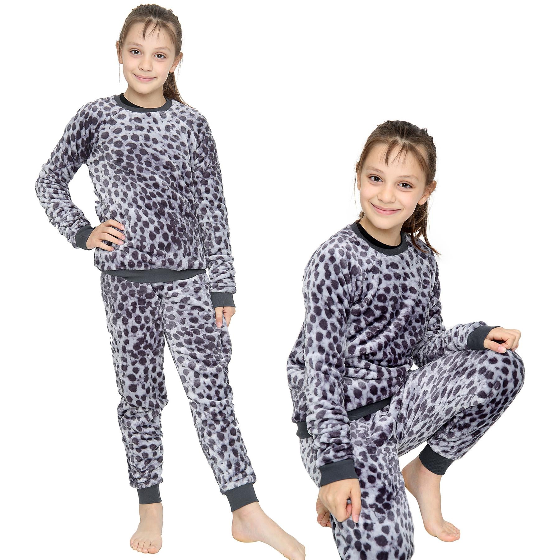 Kids Girls Boys Pyjamas Leopard PJs Soft Fleece 2 Piece Flannel Set Lounge Suit