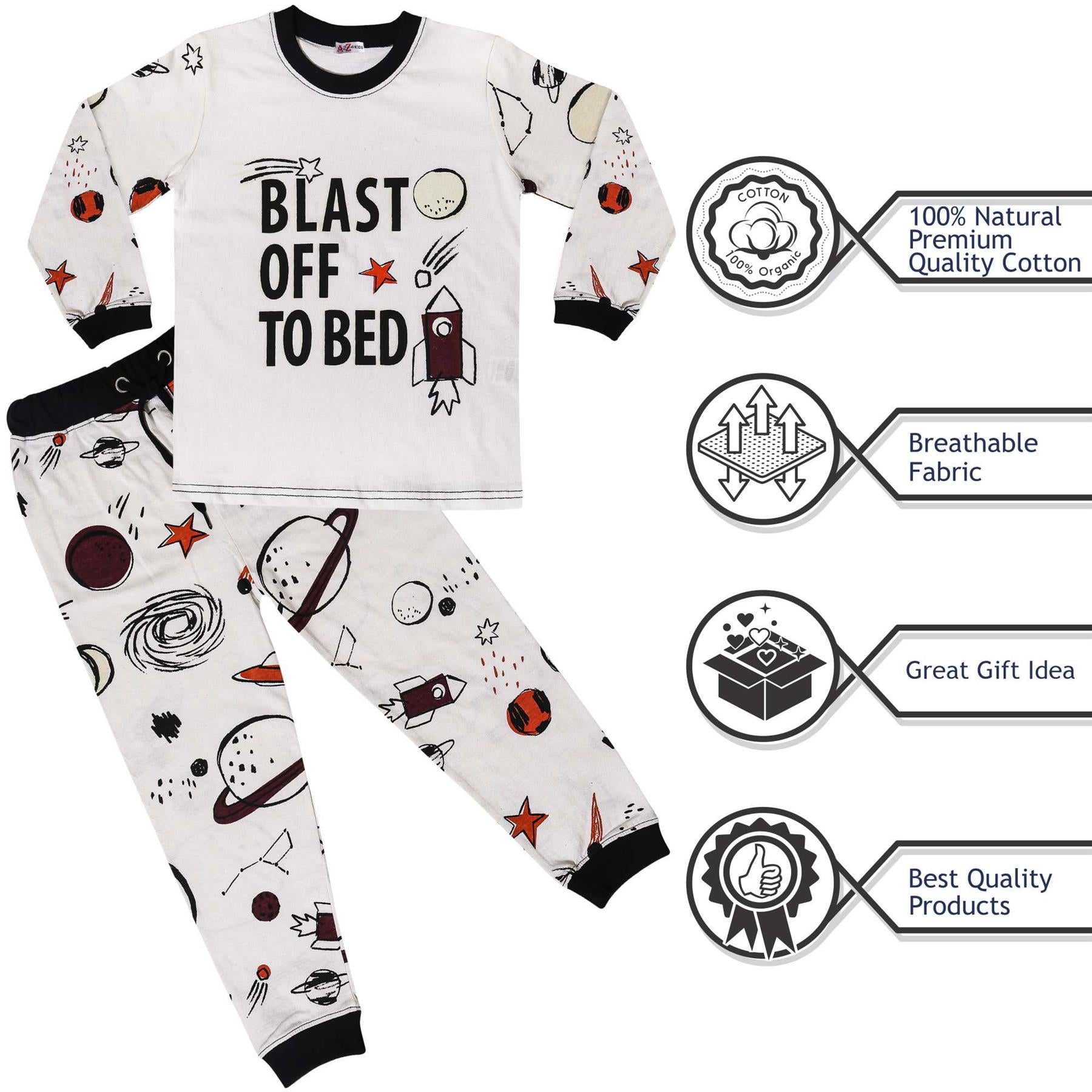 Kids Boys Rocket Spaceship Blast Off Pyjamas Children PJs 2 Piece Sleepwear Set
