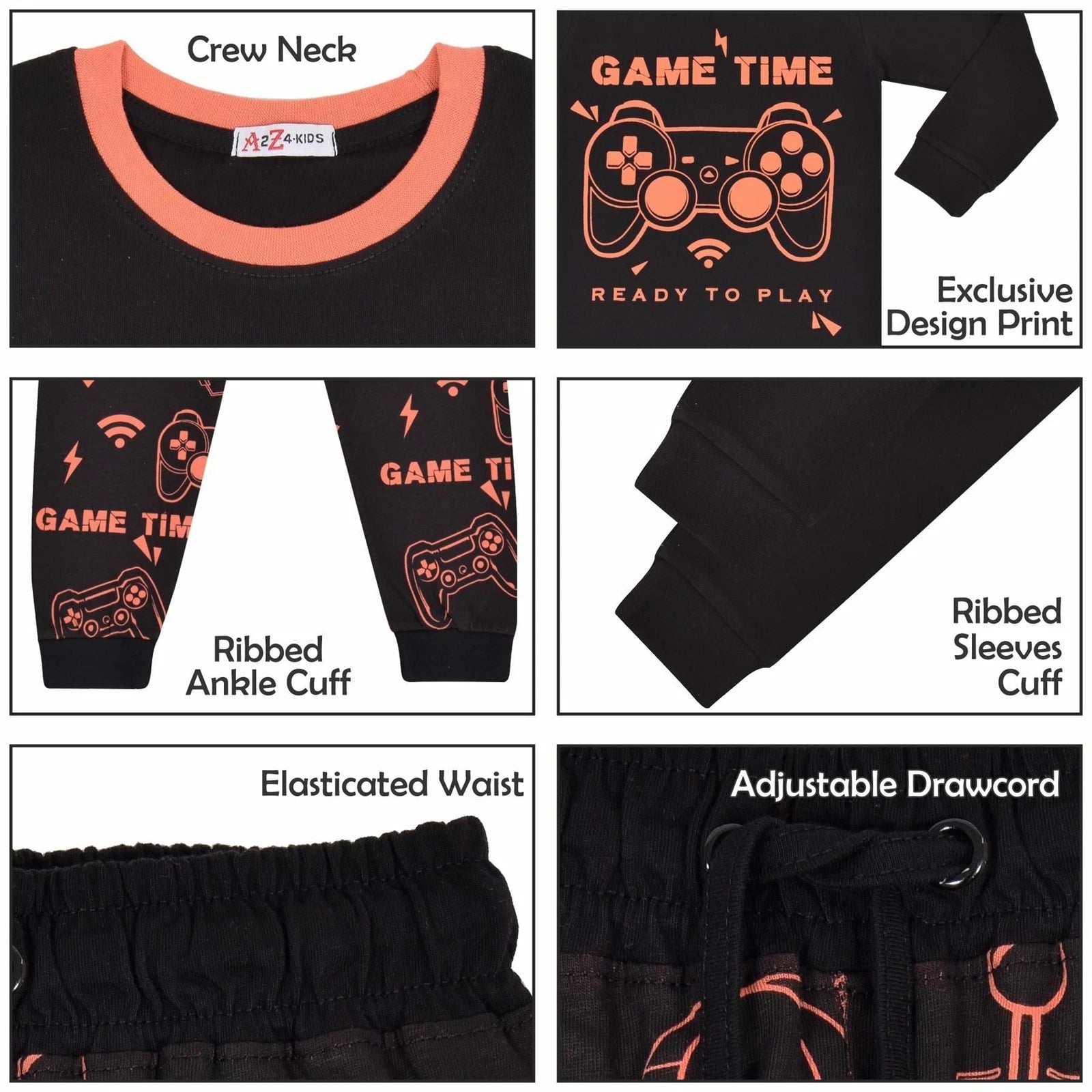Kids Girls Boys Pyjamas Game Time Contrast Top Bottom 2 Piece PJS Sleepwear Set