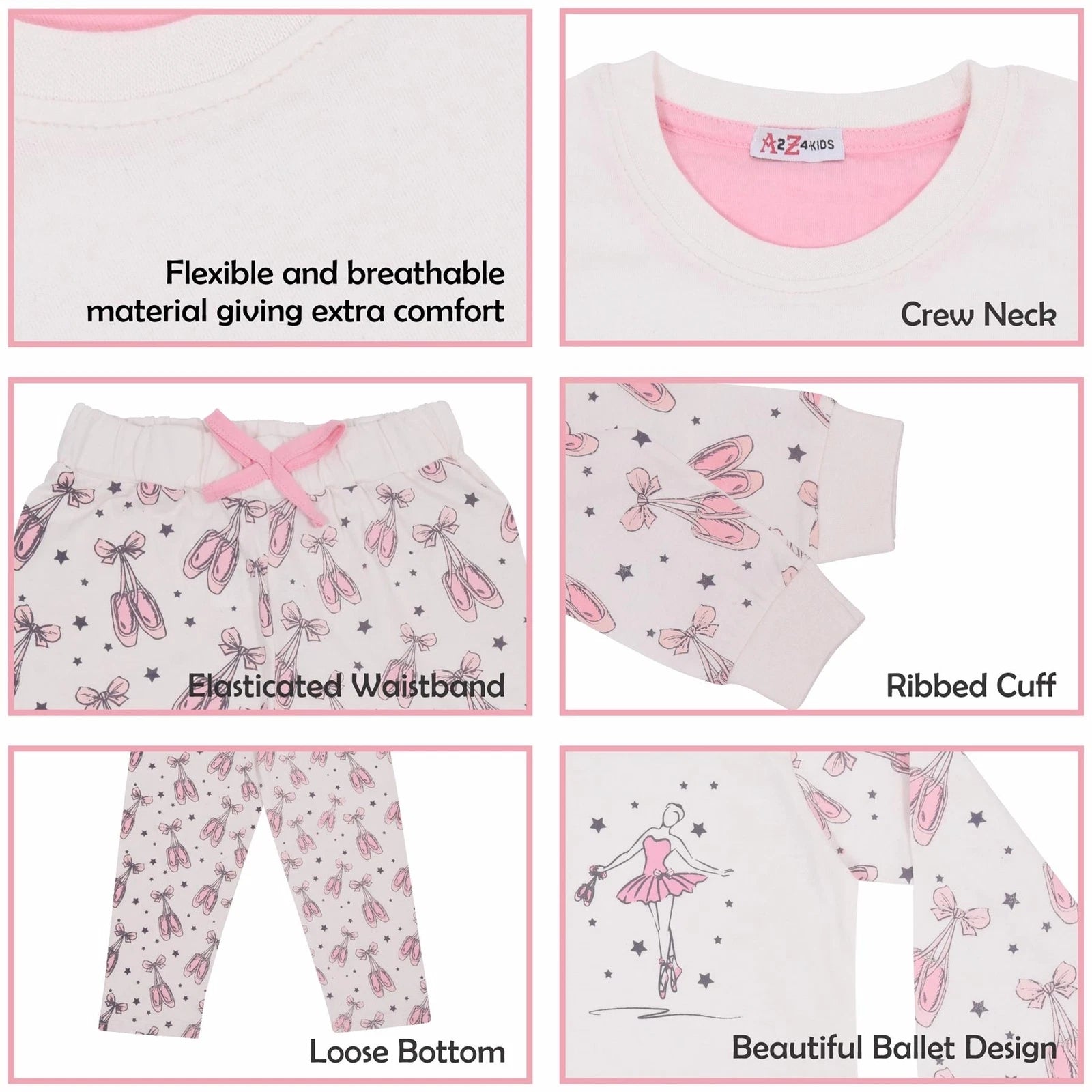 Kids Girls Ballerina Baby Pink Print Children PJs 2 Piece Cotton Set 2-13 Years