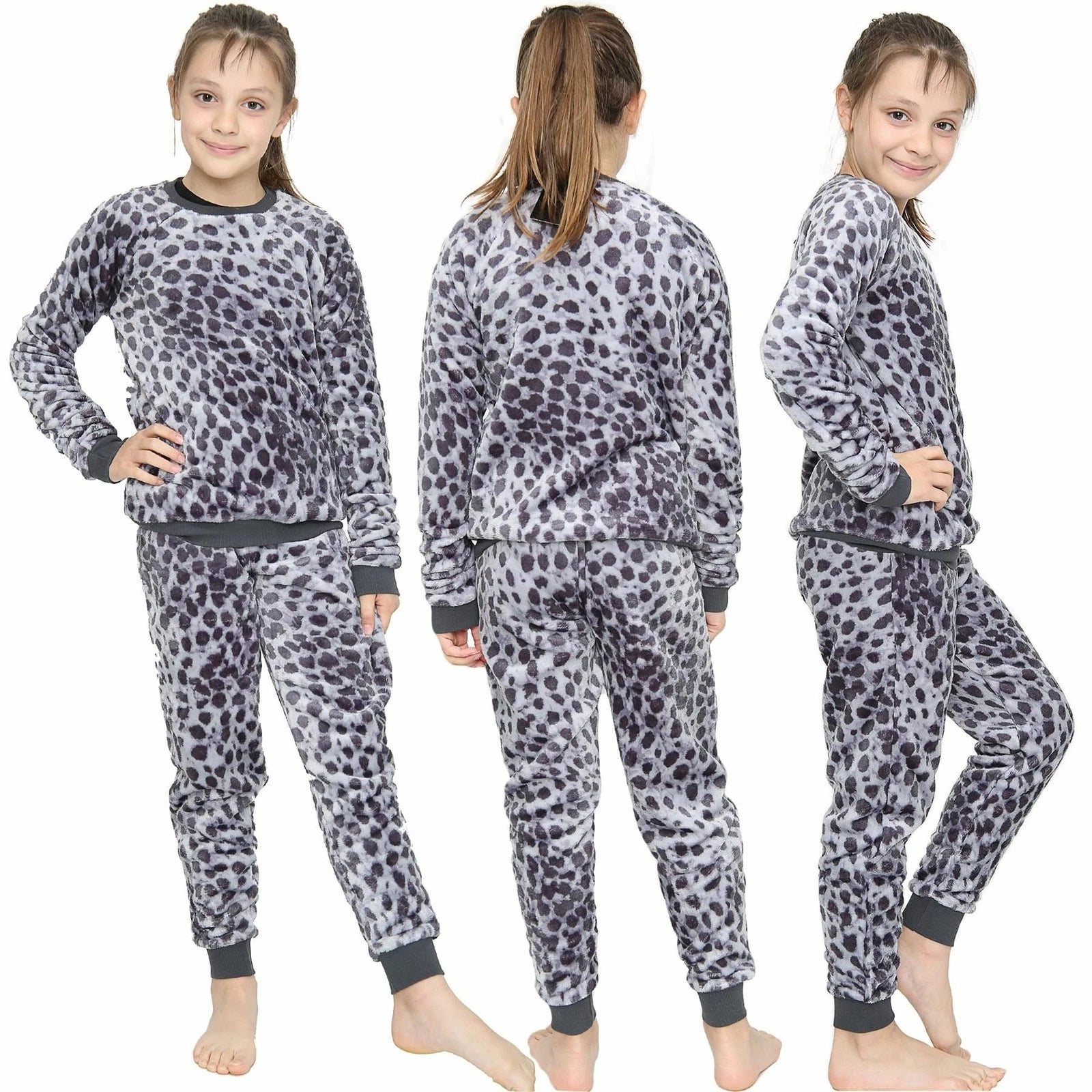 Kids Girls Boys Pyjamas Leopard PJs Soft Fleece 2 Piece Flannel Set Lounge Suit