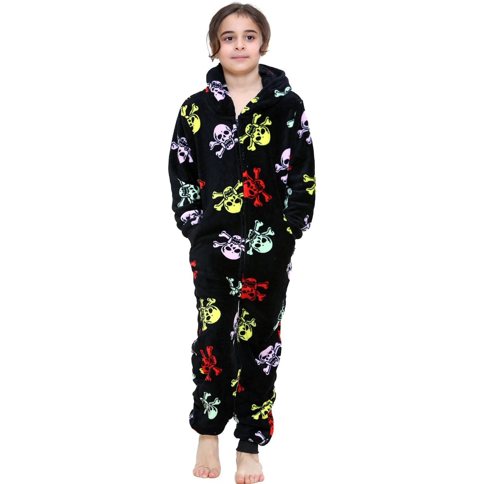 Kids Girls Boys Fun Skull Print A2Z Onesie One Piece Black & Multi Pyjama Sets