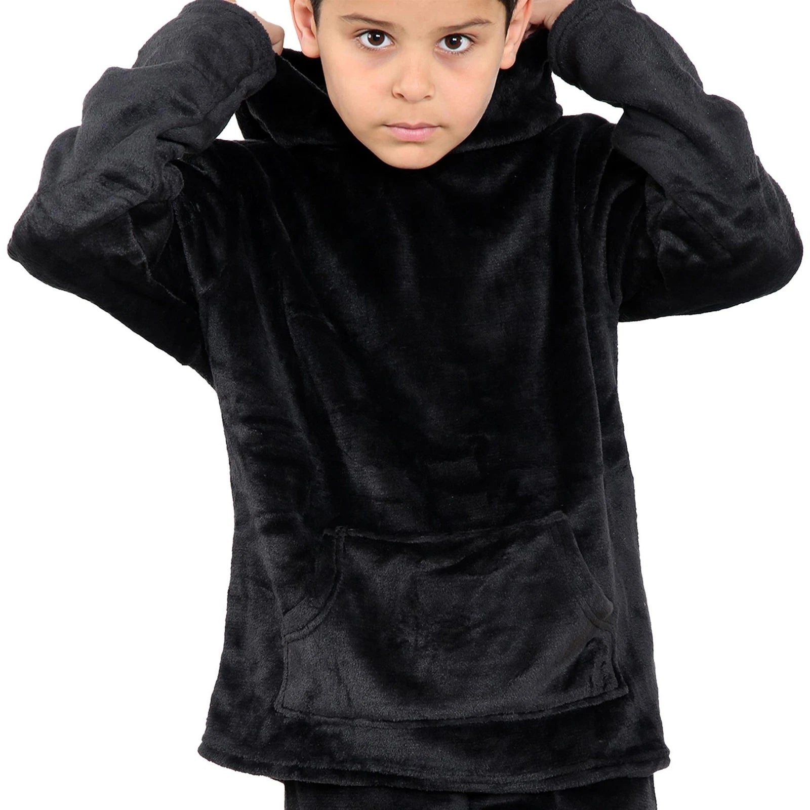 Kids Girls Boys Black Warm Fleece Hooded Pyjamas For Sleepover 2 Piece Gift Set
