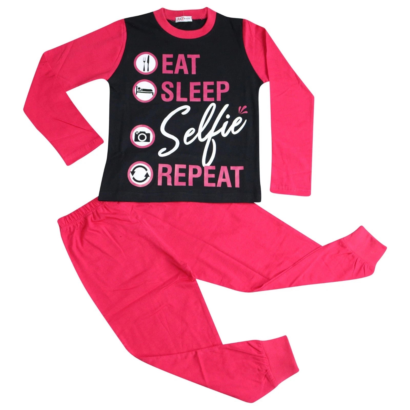 Kids Girls Boys Designer Eat Sleep Selfie Repeat Pyjamas Lounge Wear PJS 2-13 Yr