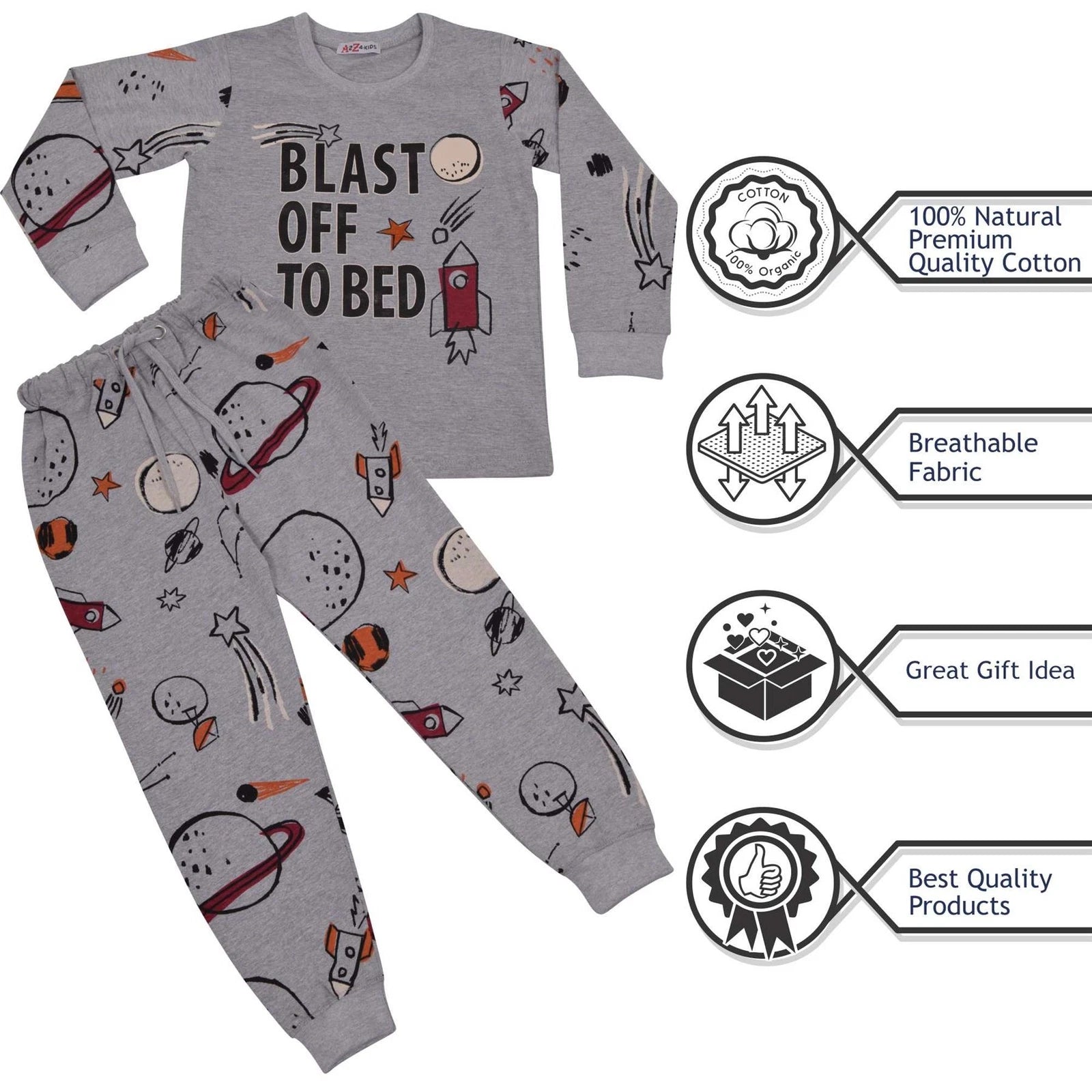 Kids Boys Rocket Spaceship Blast Off Grey Pyjamas PJs 2 Piece Sleepwear Set