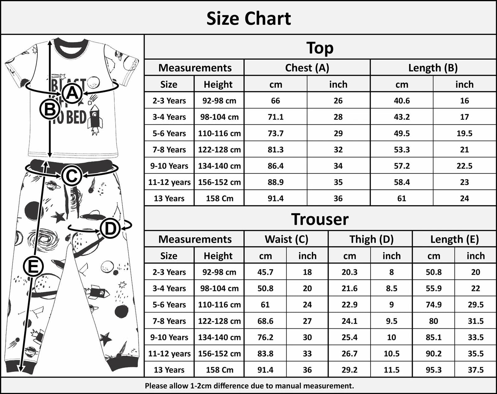 Boys Rocket Spaceship Blast Off Pyjamas Children PJs 2 Piece Kids Sleepwear Set