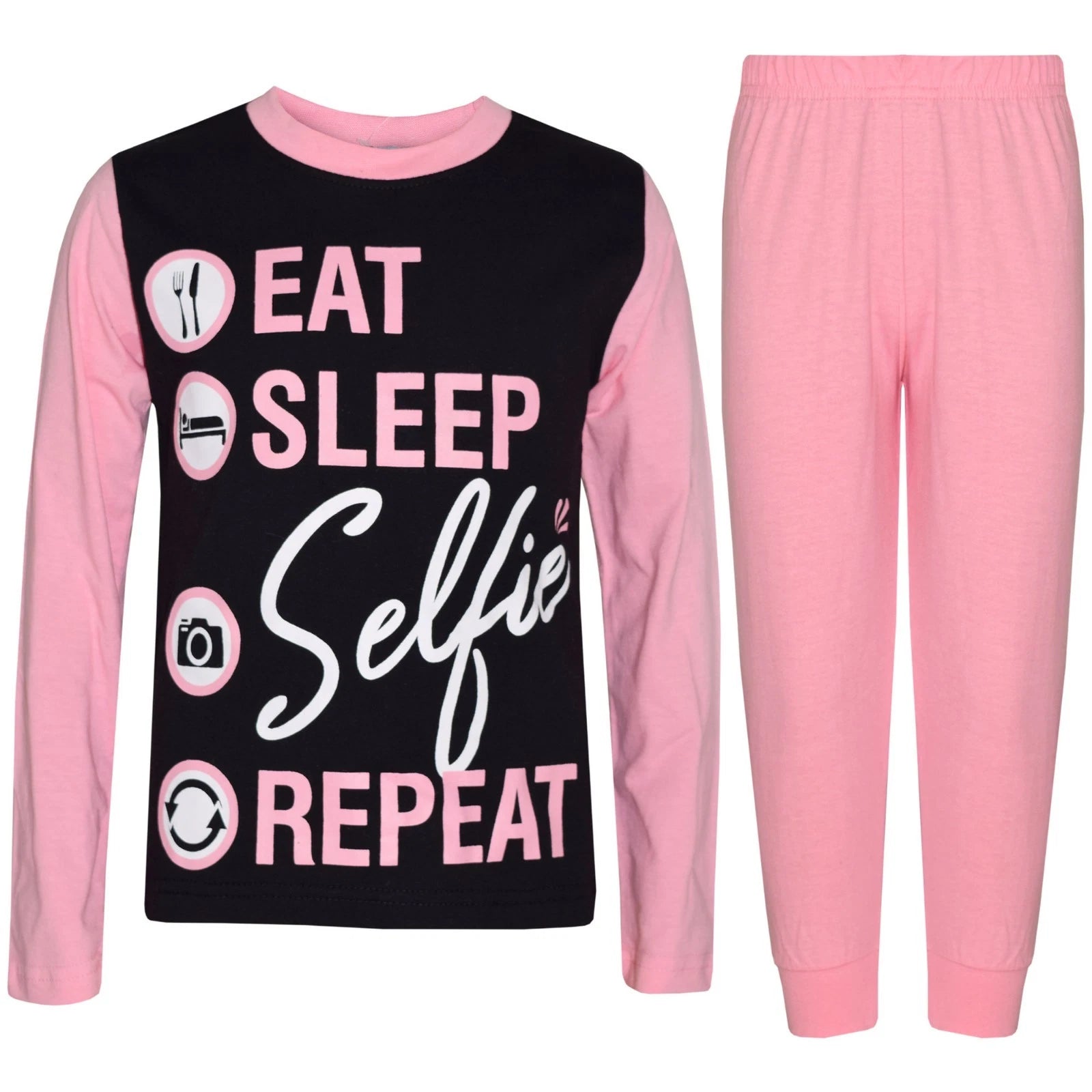 Kids Girls Boys Designer Eat Sleep Selfie Repeat Pyjamas Lounge Wear PJS 2-13 Yr