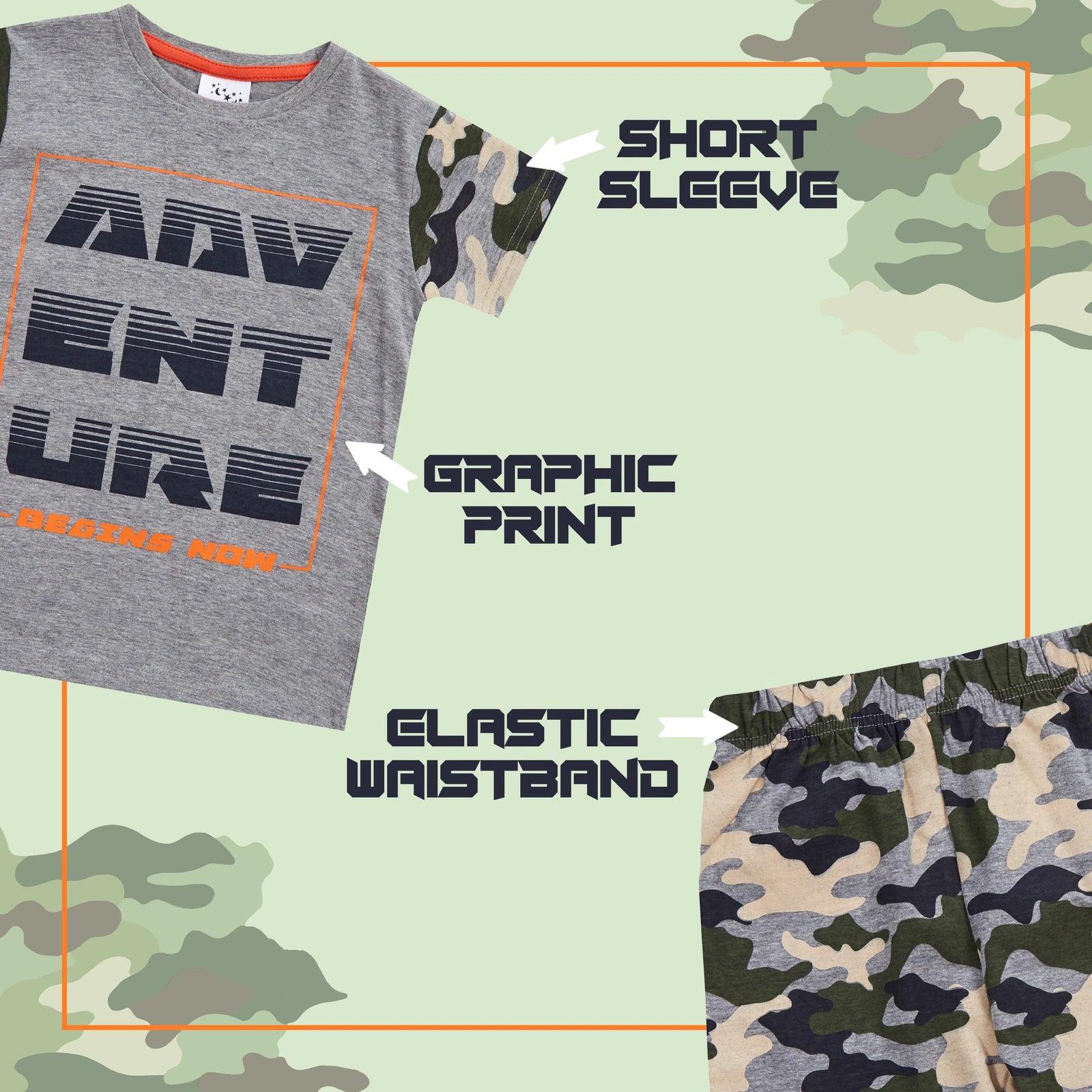 Boys Camo Pyjama Set Summer Outfit 2-Piece PJ's Nightwear Camouflage 2-13 Years