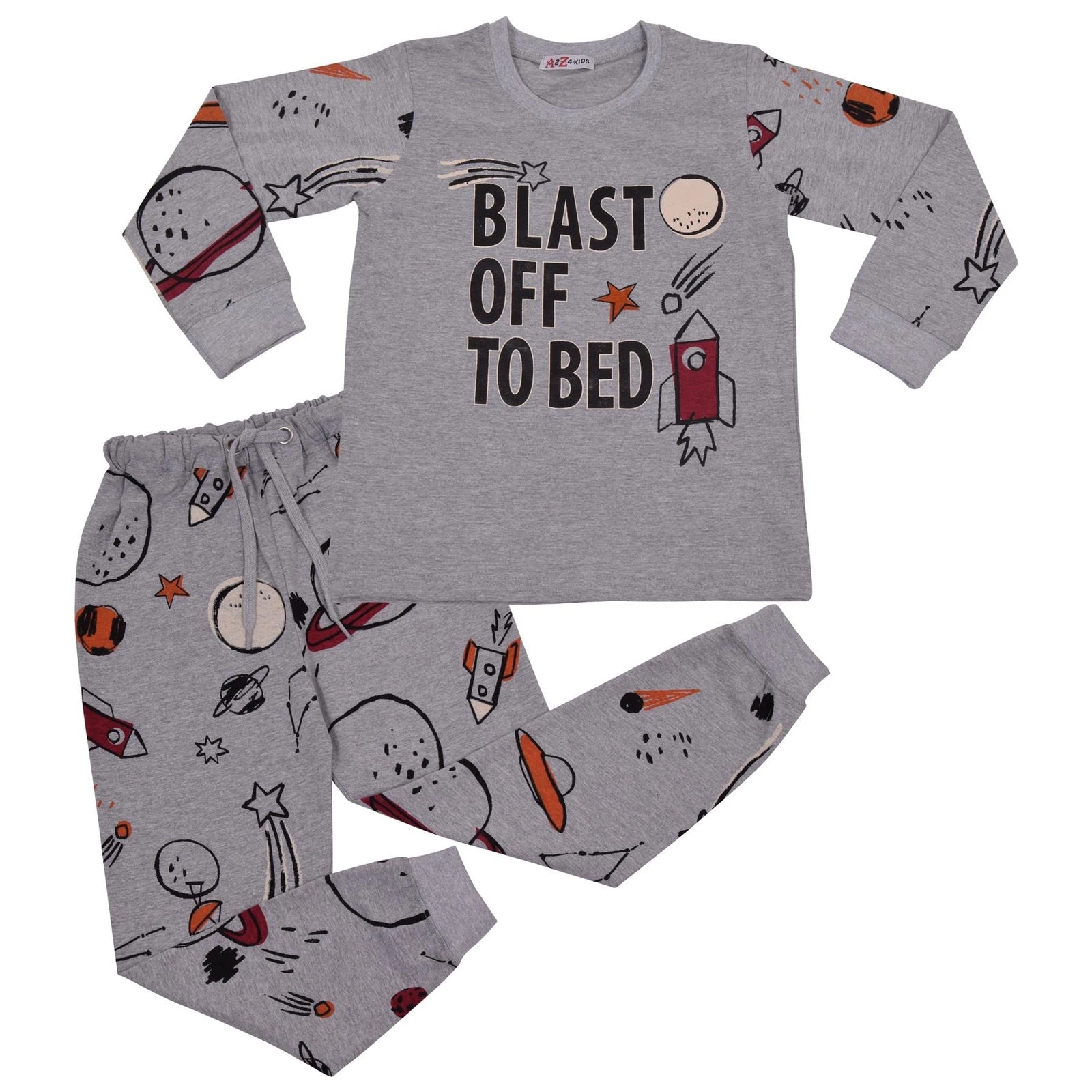 Kids Boys Rocket Spaceship Blast Off Grey Pyjamas PJs 2 Piece Sleepwear Set