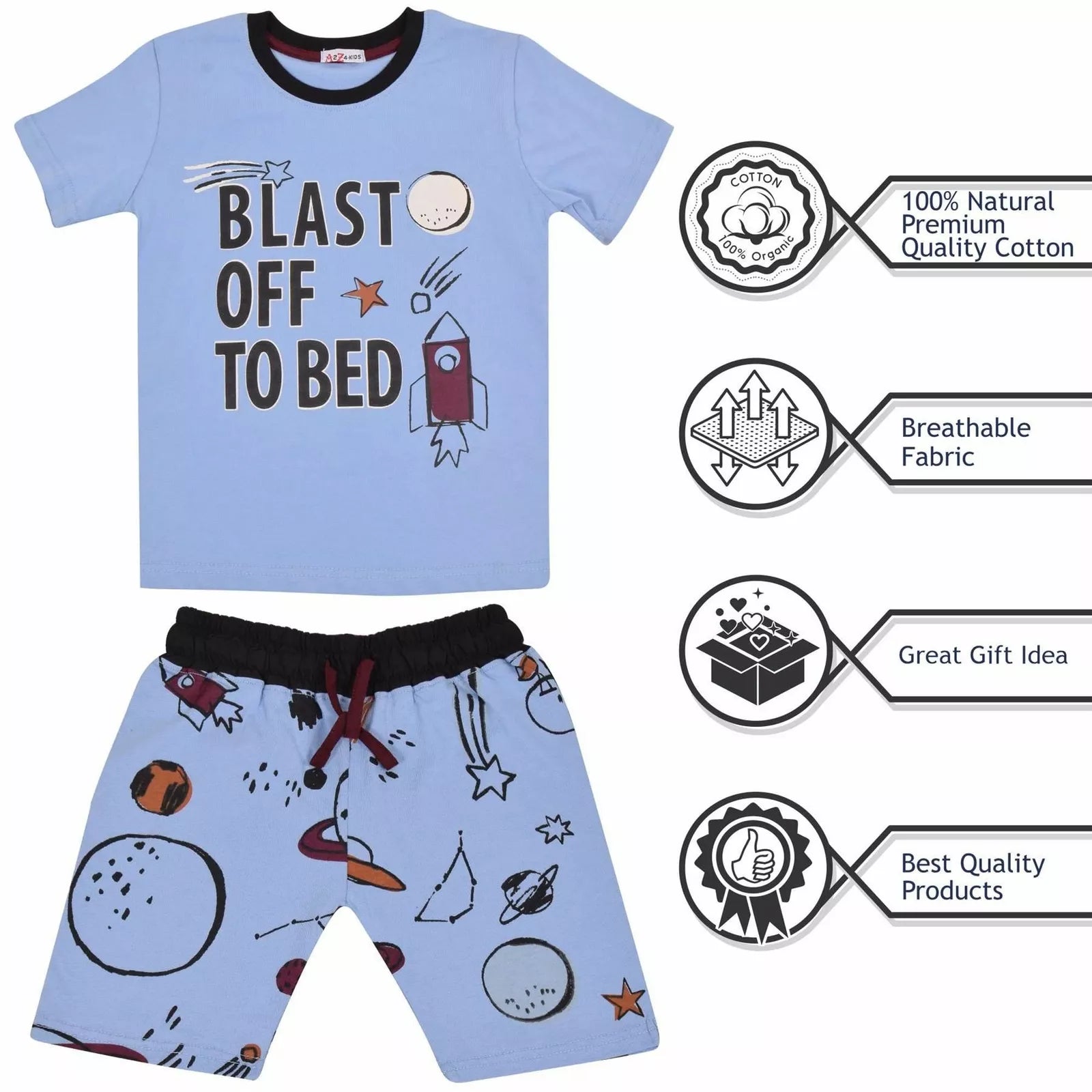 Kids Boys Rocket Spaceship Blast Off Blue Pyjamas PJs 2 Piece Sleepwear Set
