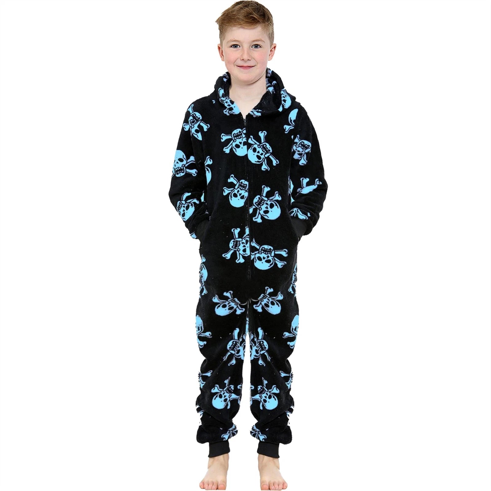 A2Z 4 Kids Girls Boys Fun Skull Print One Piece Black & Blue Pyjama Sets