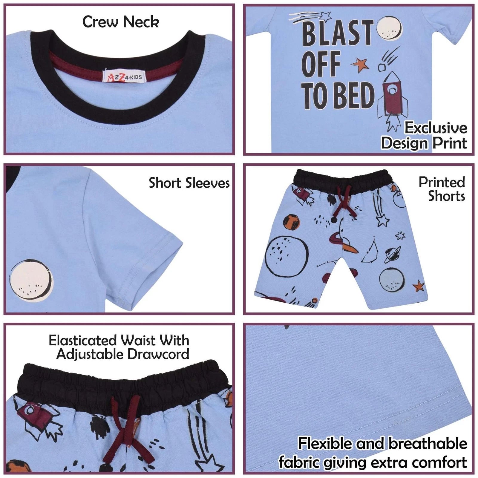 Boys Rocket Spaceship Blast Off Blue Pyjamas PJs 2 Piece Sleepwear Set Yr 5-13