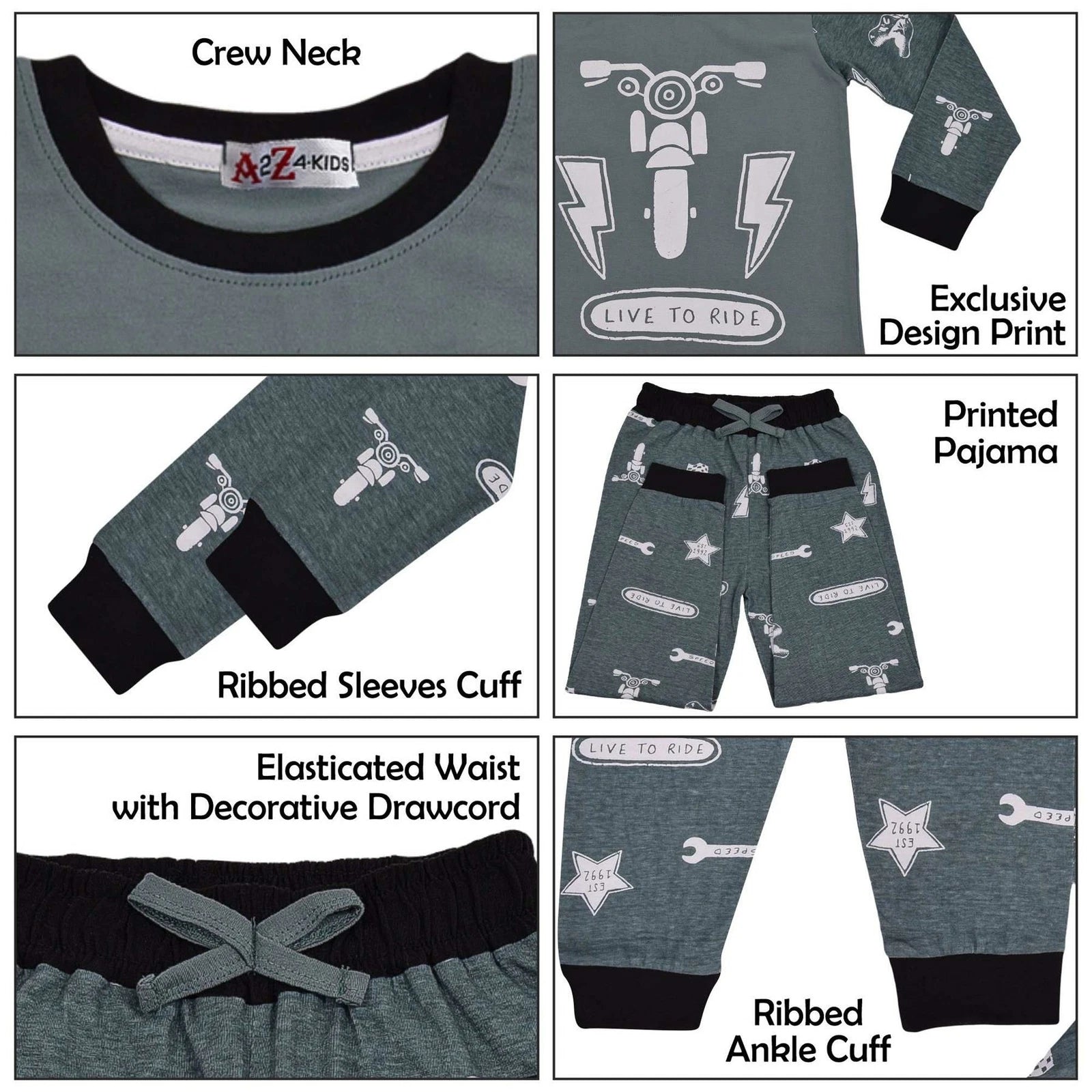 Kids Girls Boys Live to Ride Childrens Pyjamas 2 Piece Cotton PJs Set Nightwear