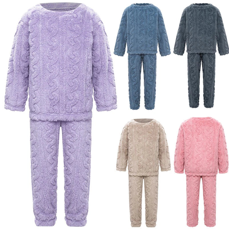 Kids Girls Set Nightwear Outfits Boys Pajamas Warm Winter Homewear Round Neck