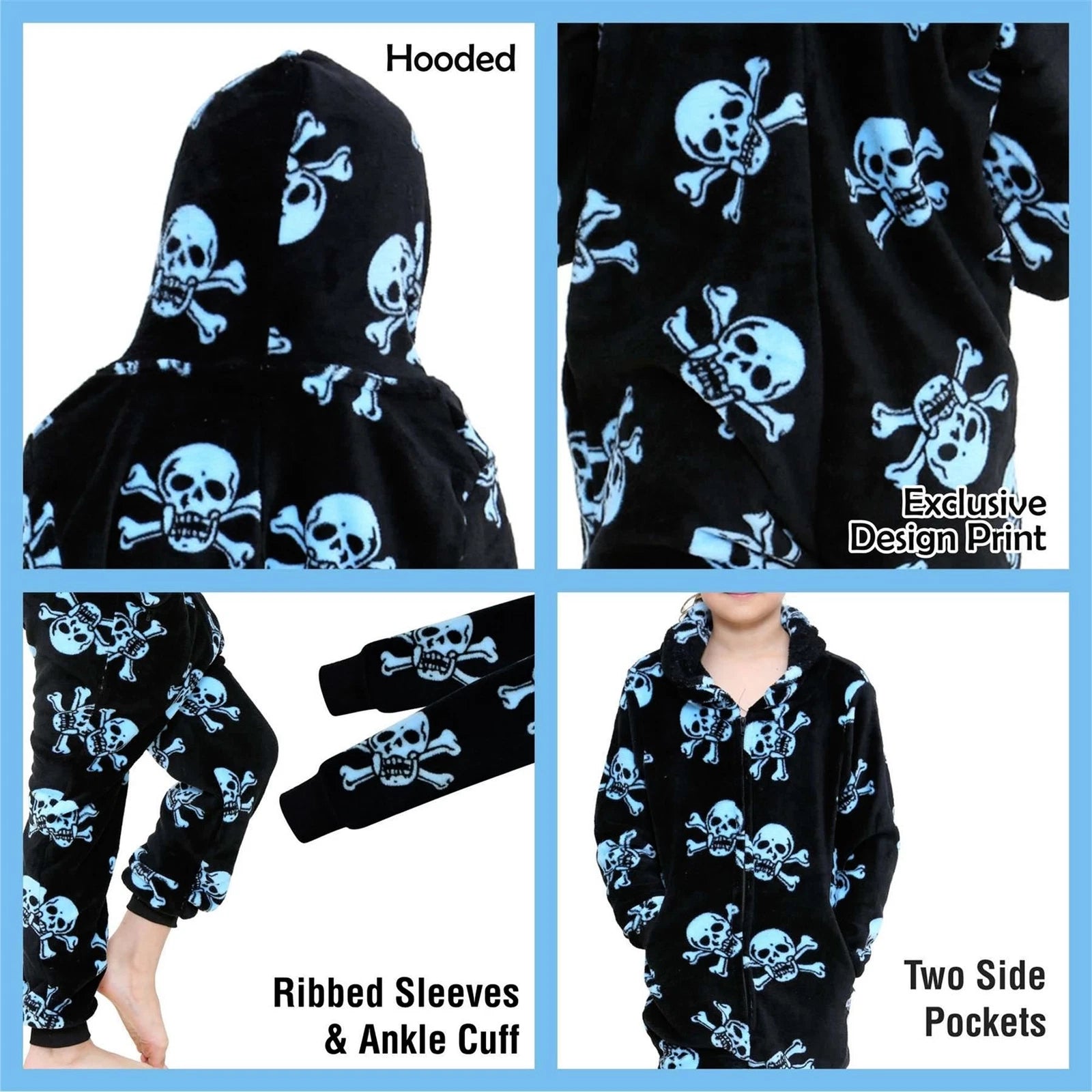 A2Z 4 Kids Girls Boys Fun Skull Print One Piece Black & Blue Pyjama Sets