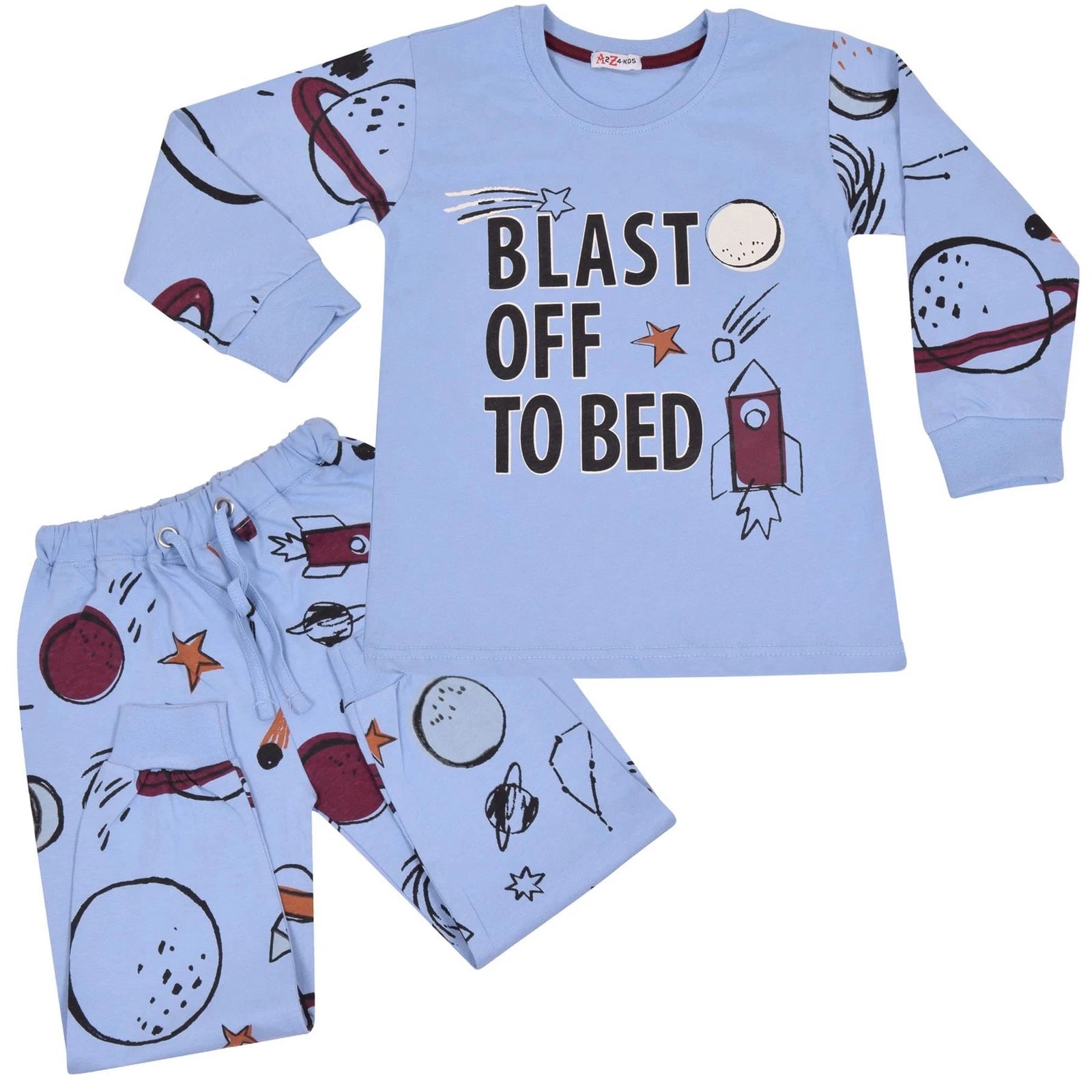Boys Rocket Spaceship Blast Off Blue Pyjamas PJs 2 Piece Kids Sleepwear Set