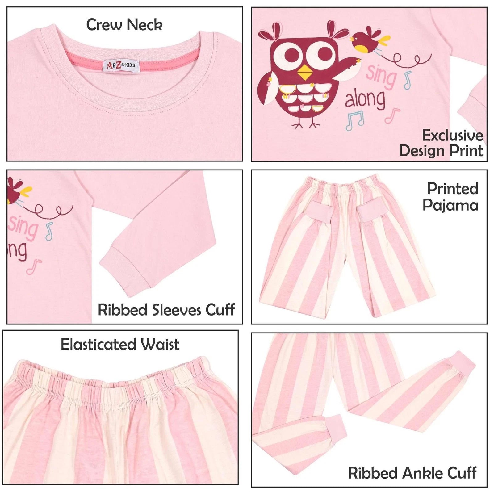 Kids Girls Pyjamas Sing Along Contrast Top Bottom Baby Pink Sleepwear Set 2-13Yr