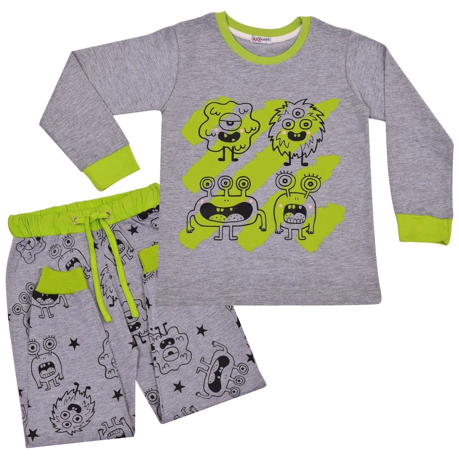 Kids Girls Boy Monster Pyjamas Children Grey 2 Piece Cotton Set