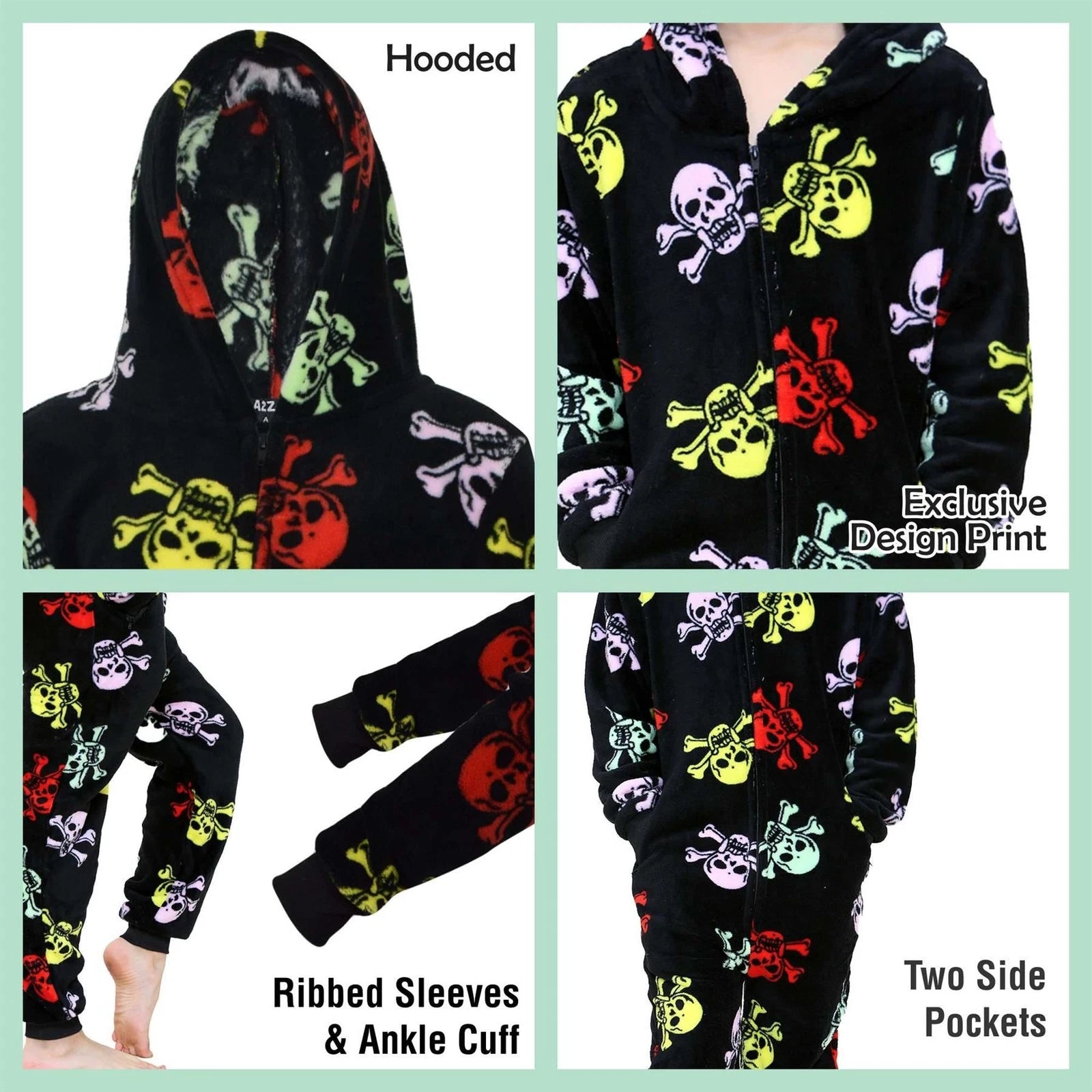 A2Z 4 Kids Girls Boys Fun Skull Print One Piece Black & Multi Pyjama Sets