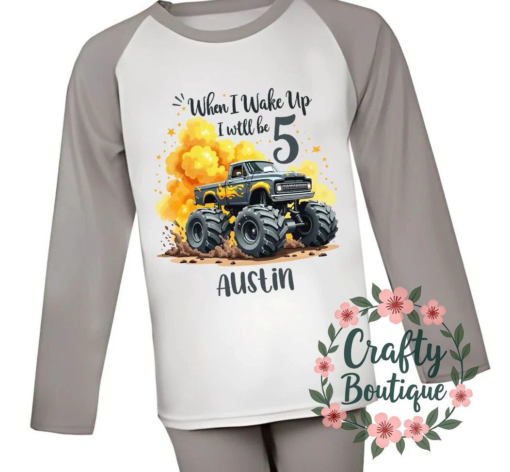 5th Birthday PJs, When I Wake Up Will Be Five, Boys Monster Truck Pajamas - 1396