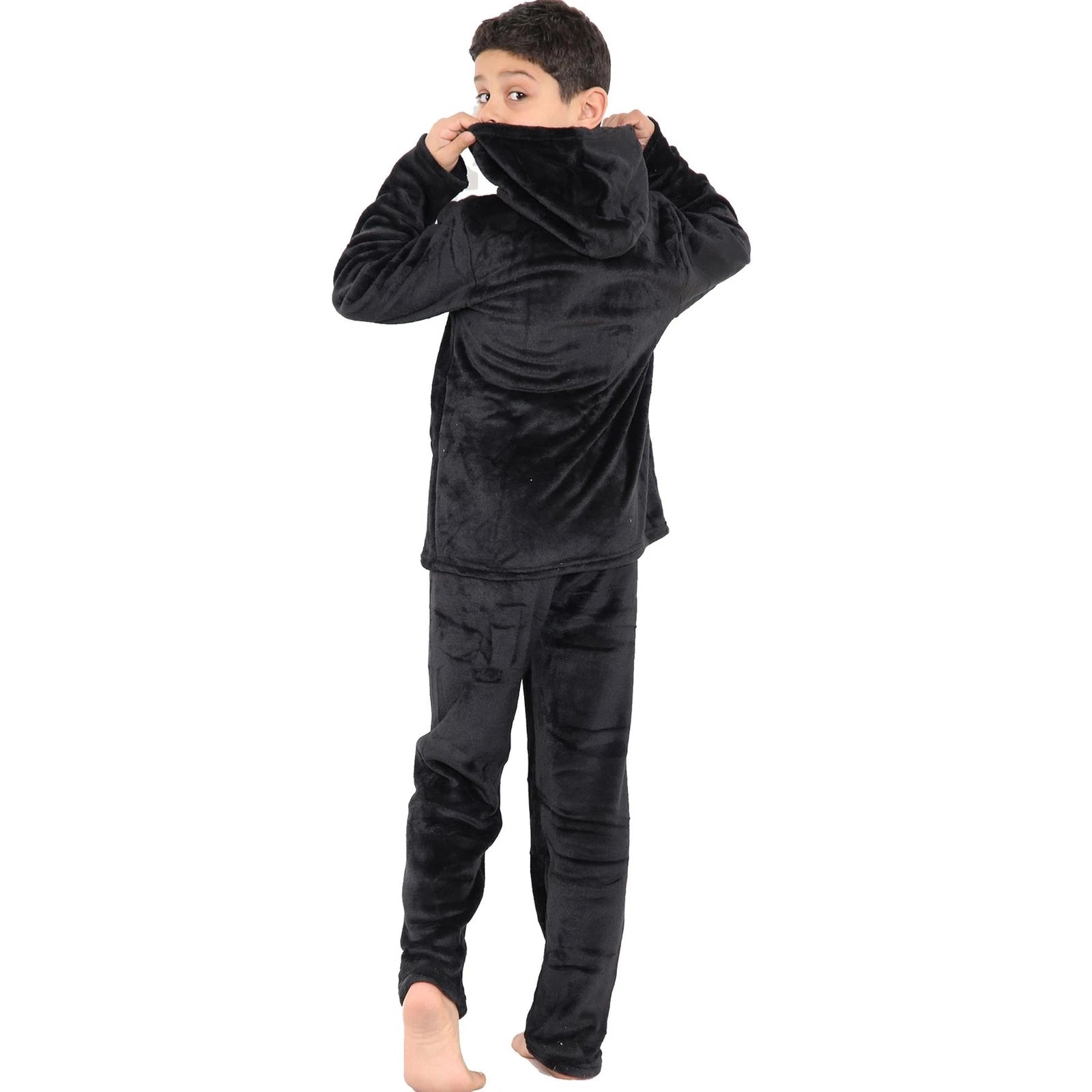 Kids Girls Boys Black Warm Fleece Hooded Pyjamas For Sleepover 2 Piece Gift Set