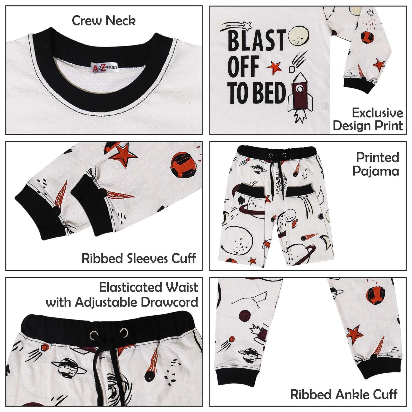 Boys Rocket Spaceship Blast Off Pyjamas Children PJs 2 Piece Kids Sleepwear Set