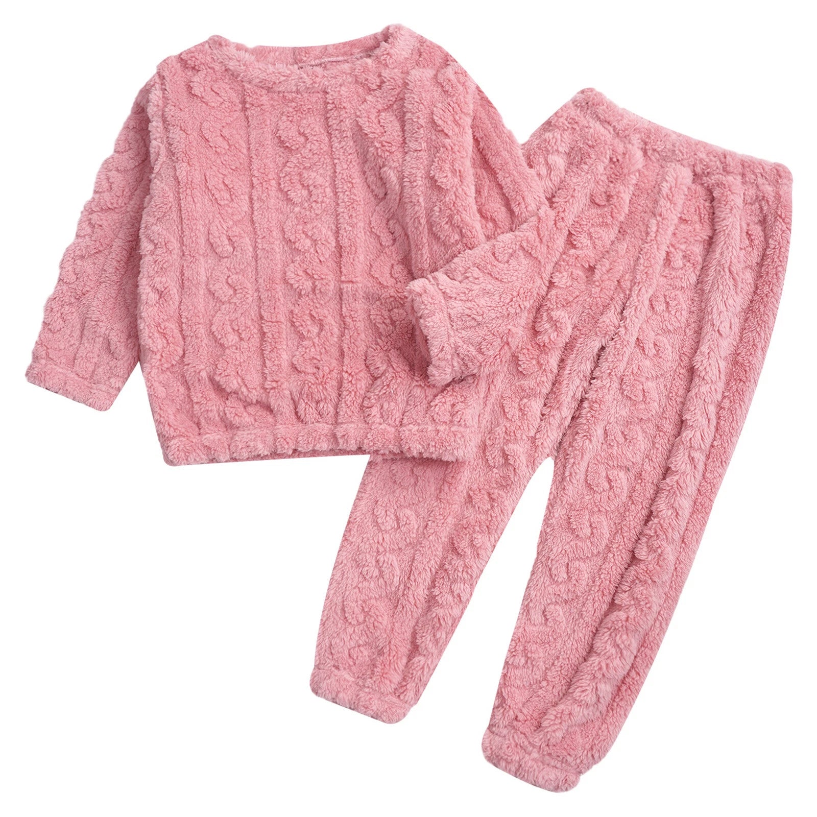 Kids Girls Pajamas Solid Color Set With Pants Outfits Nightwear Round Neck Tops