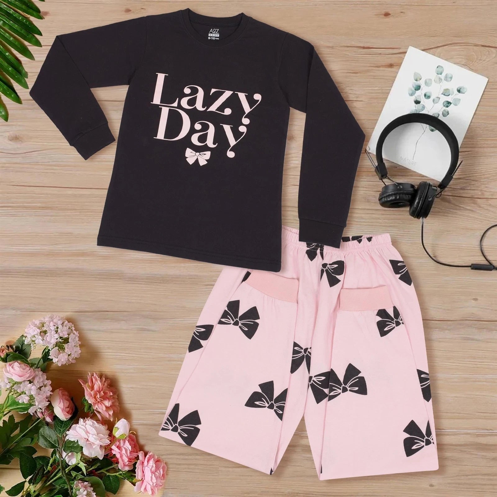 Kids Girls Pyjamas Black Lazy Day Print Contrast Cotton PJs Set Lounge Suit 5-13