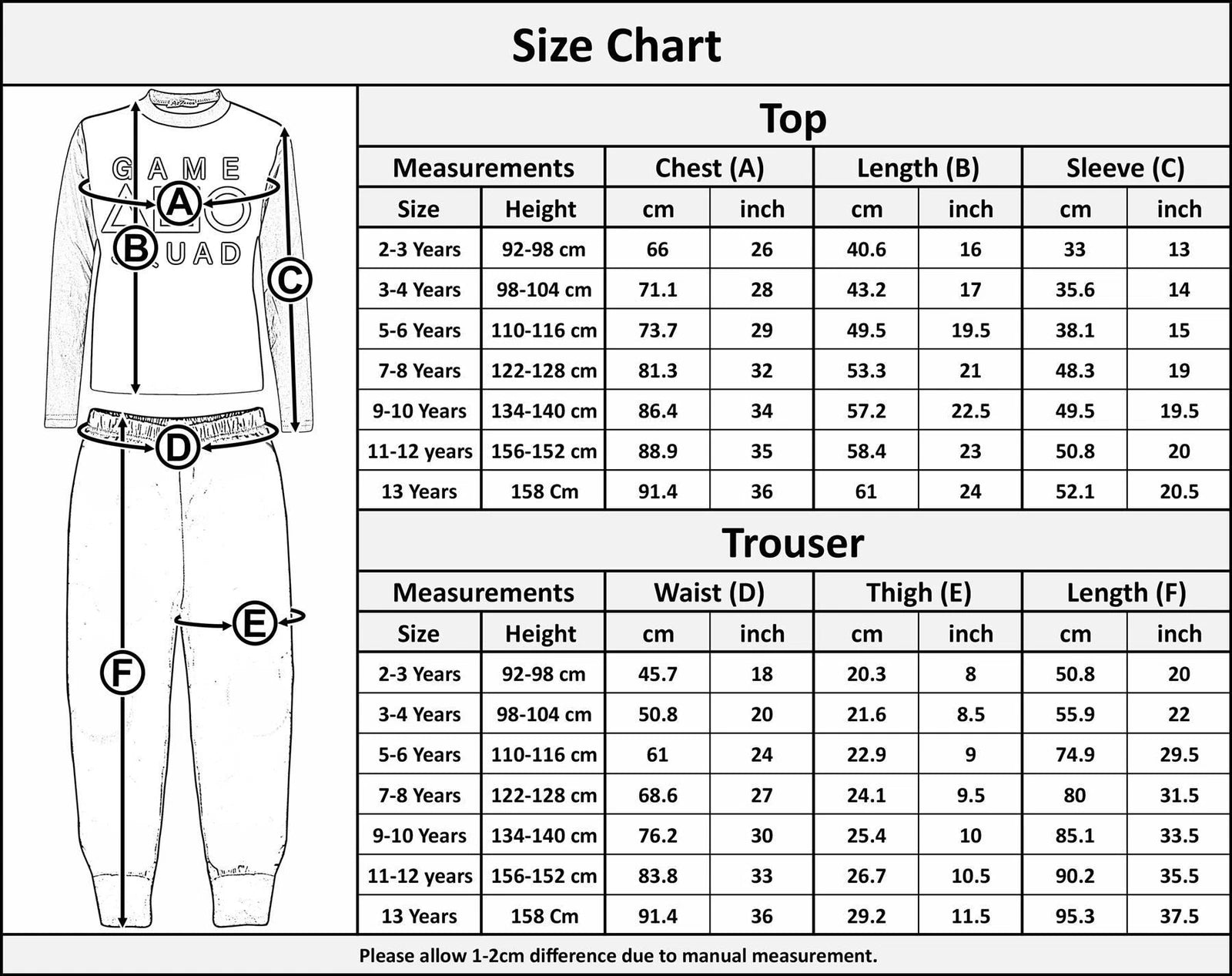 Kids Girls Boys Black Game Squad Cosplay Pyjamas Sleepwear PJs 2 Piece Set