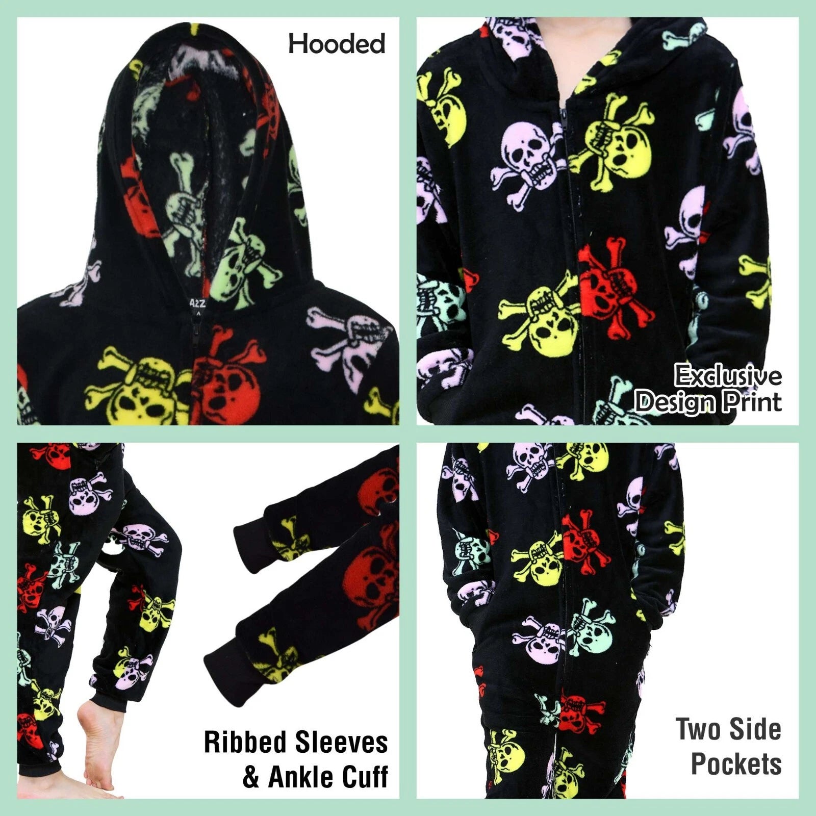 Kids Girls Boys Fun Skull Print A2Z Onesie One Piece Black & Multi Pyjama Sets
