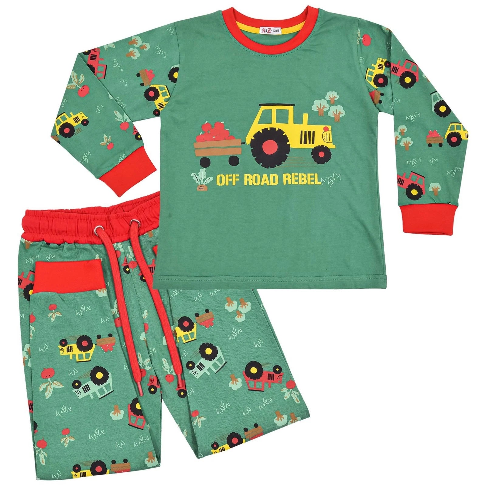 Kids Boys Girls Pyjamas Tractor Contrast Top Bottom Sleepwear Set Age 2-13 Years