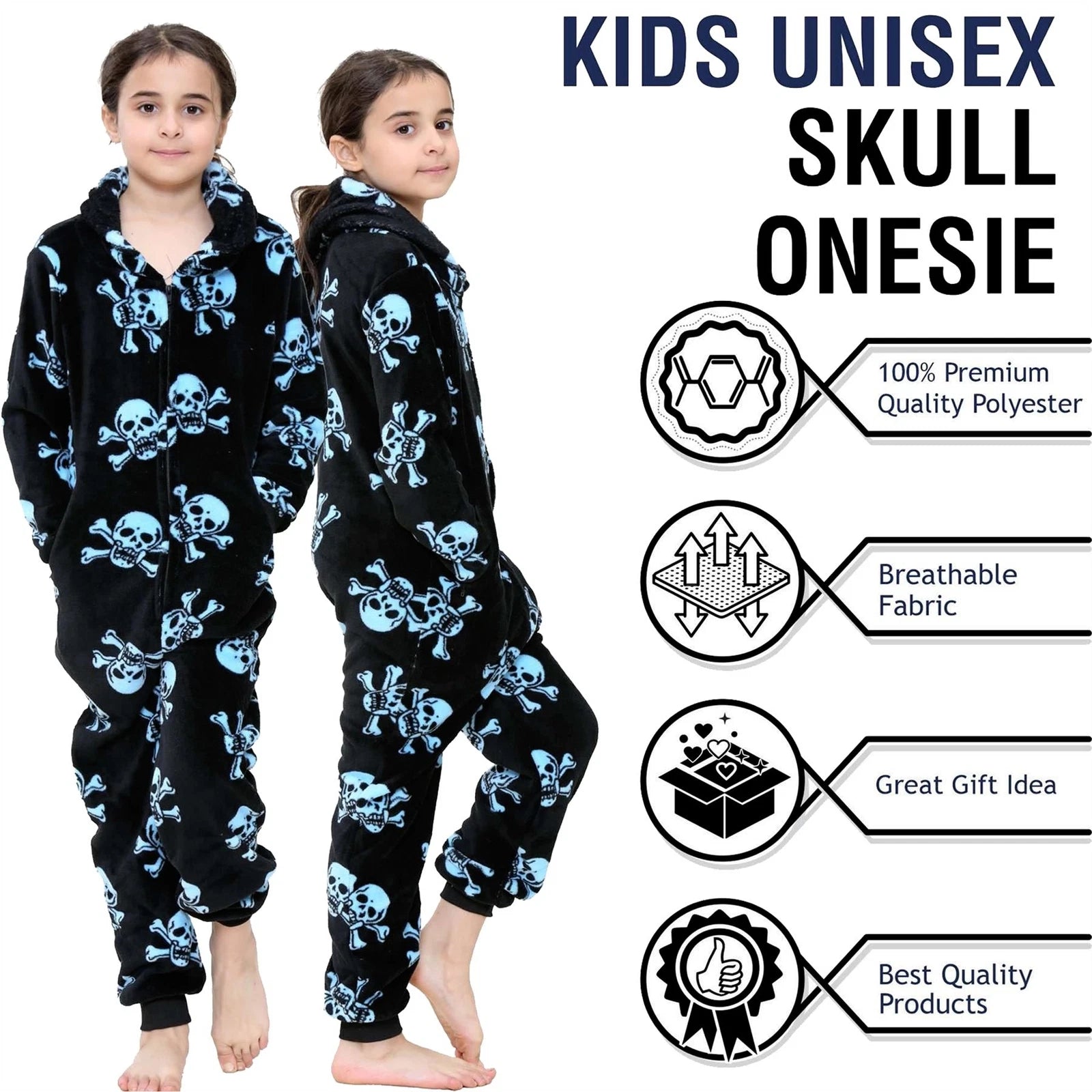 A2Z 4 Kids Girls Boys Fun Skull Print One Piece Black & Blue Pyjama Sets