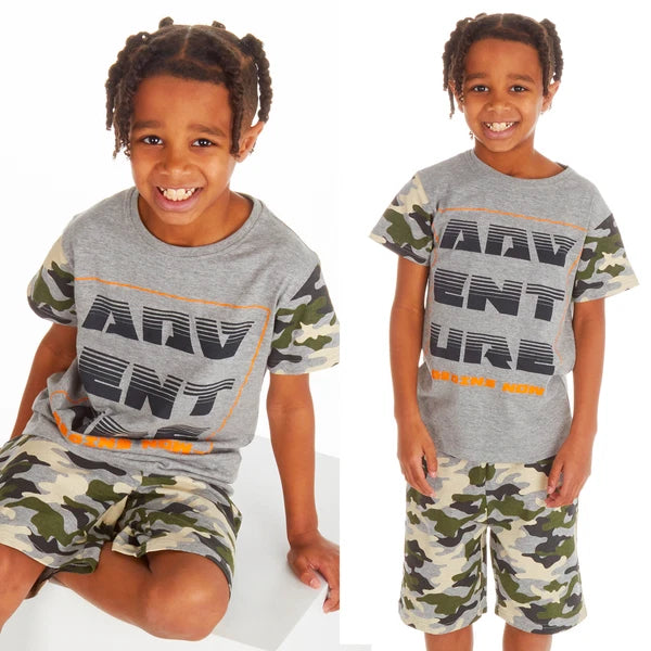 Boys Camo Short Sleeved Pyjama Set Adventure Army Theme Summer PJ's 2-13 Years