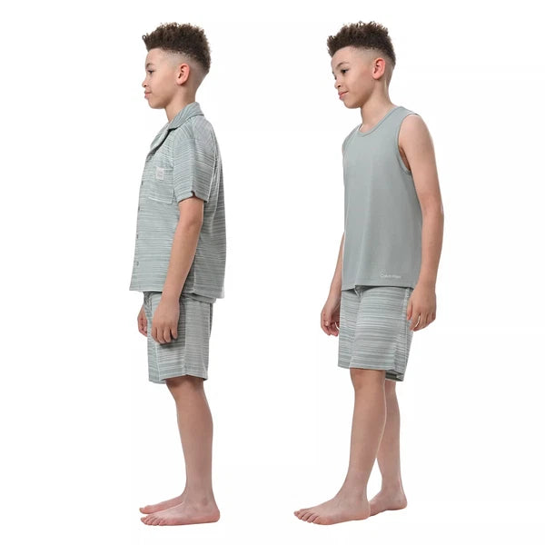 Ck Calvin Klein-Boys Short Sleeve Button-down Shirt and Shorts Pajama Set 3 NEW