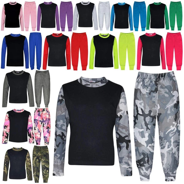 Kids Girls Boys Pjs Contrast Color Plain Stylish Pyjamas Set New Age 2-13 Years