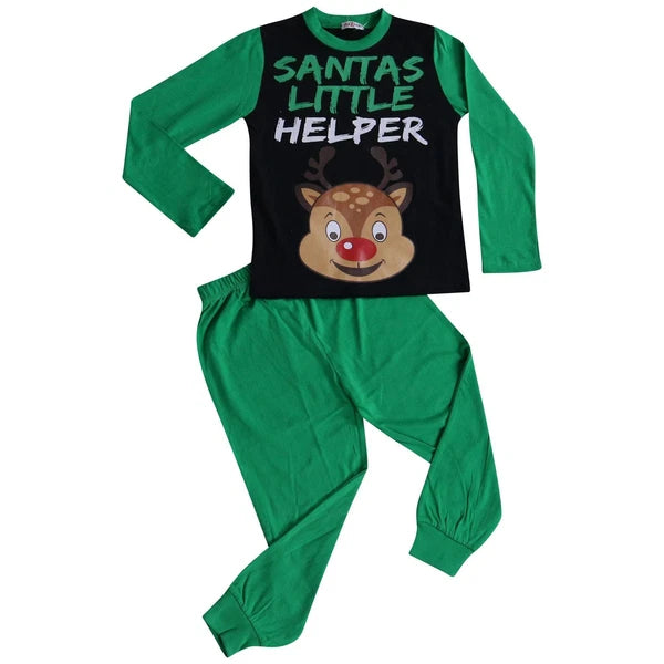Boys Girls Kids Pyjamas Santa Little Helper Green Contrast Sleeves Xmas PJS 2-13