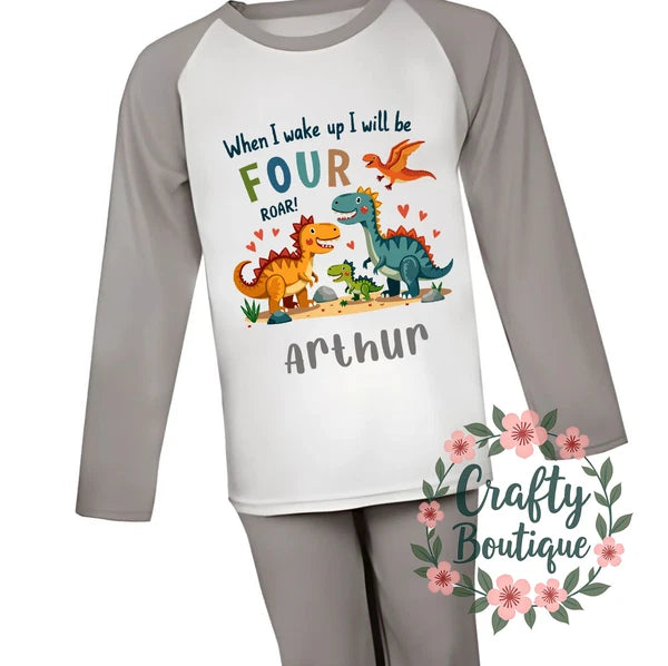 Personalised Pjs Pajamas Nightwear Dinosaur 4th Birthday Wake Up Four - 1122