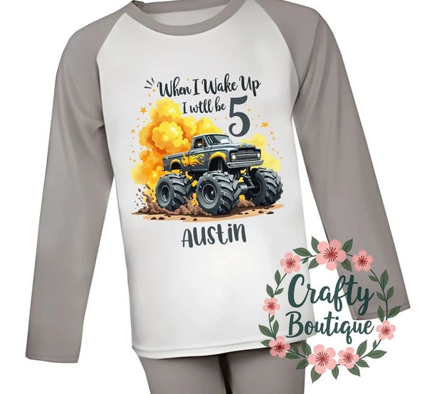5th Birthday PJs, When I Wake Up Will Be Five, Boys Monster Truck Pajamas - 1396