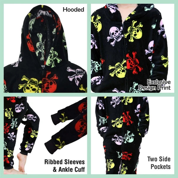 A2Z 4 Kids Girls Boys Fun Skull Print One Piece Black & Multi Pyjama Sets