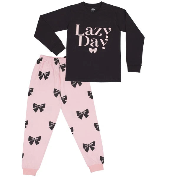 Kids Girls Pyjamas Black Lazy Day Print Contrast Cotton PJs Set Lounge Suit 5-13